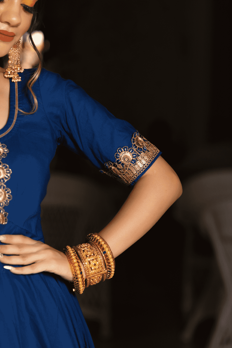 MINAKARI BLUE COTTON ANARKALI SET WITH EMBROIDERY LACE SOFT NET DUPATTA - Pomcha Jaipur