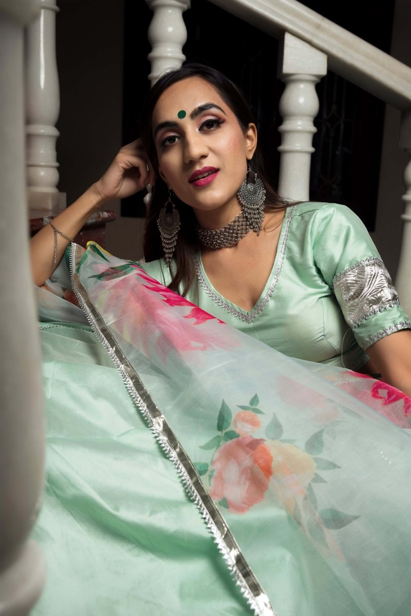 Mint Green Taffeta Silk lappa work Lehenga with digital print organza dupatta set - Pomcha Jaipur
