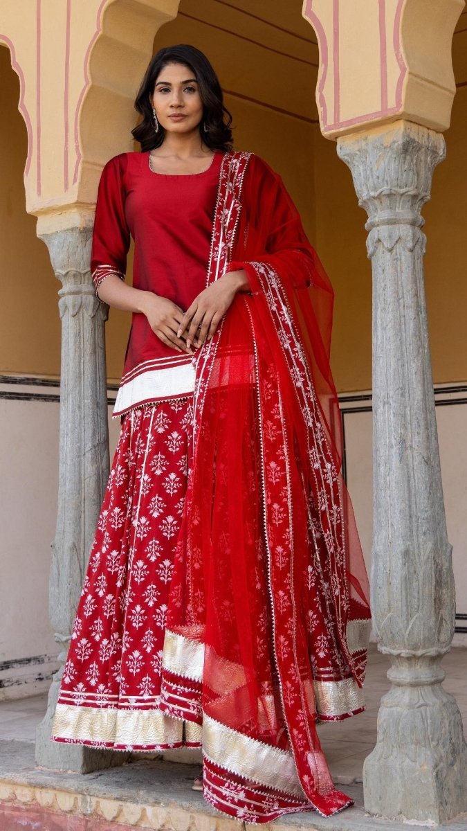 MIRZA RED KURTI SKIRT SET - Pomcha Jaipur