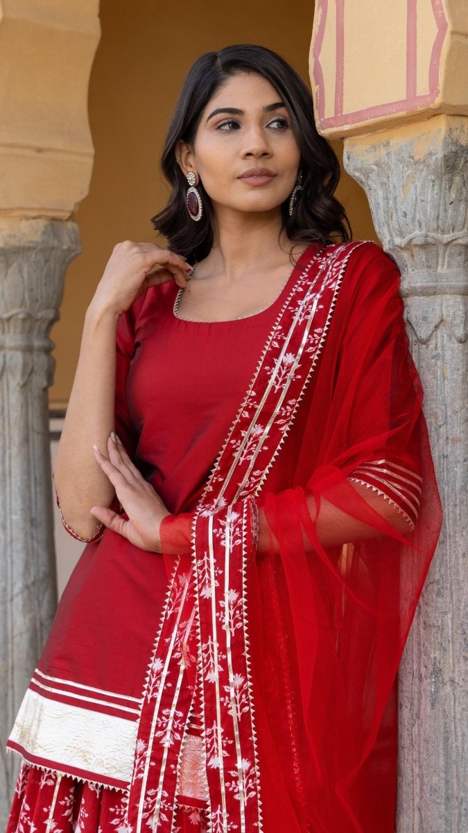 MIRZA RED KURTI SKIRT SET - Pomcha Jaipur