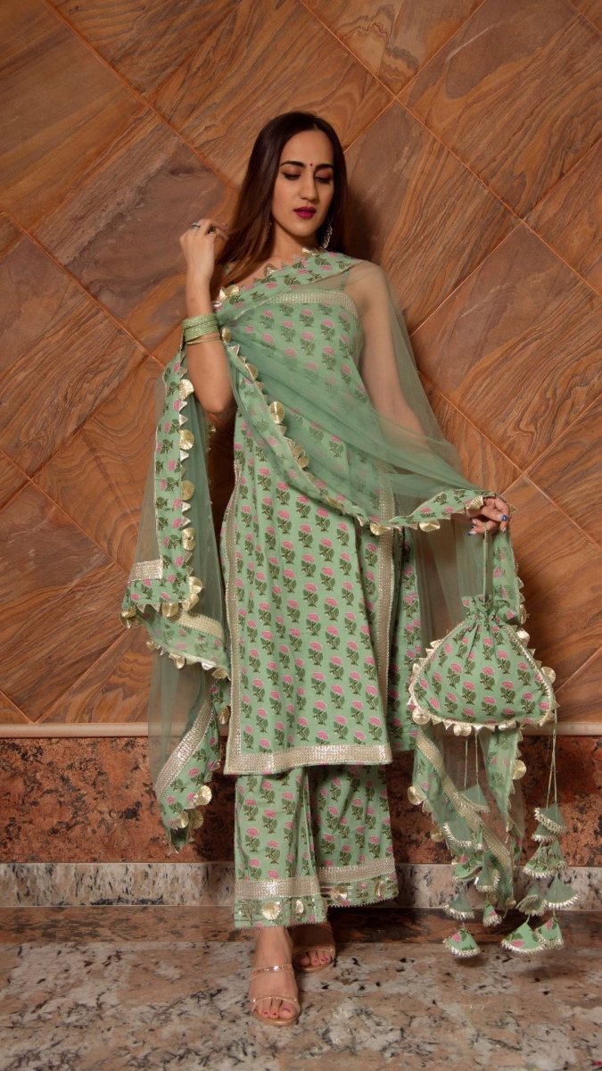 MISHIKA GREEN COTTON HAND BLOCK KURTA PANT SUIT SET WITH SOFT NET DUPATTA - Pomcha Jaipur