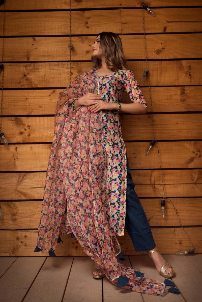 MOGRA MODAL CHANDERI SILK SUIT SET WITH ORGANZA DUPATTA - Pomcha Jaipur