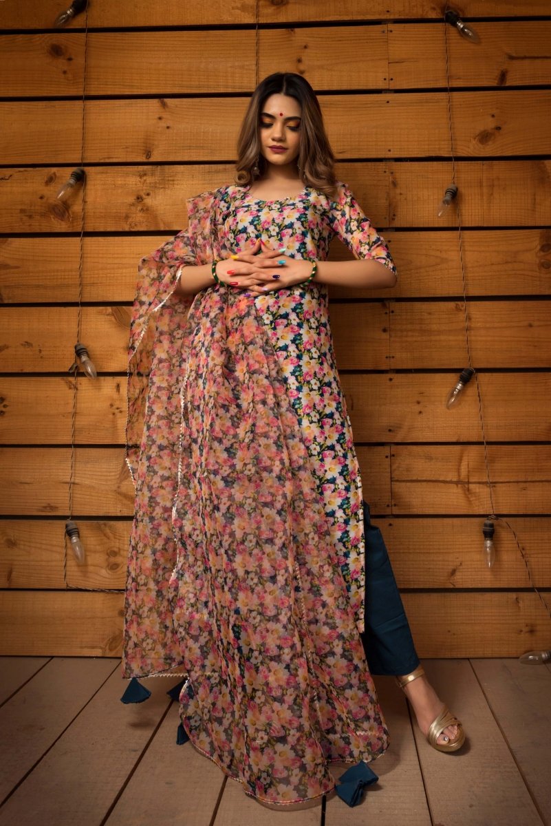 MOGRA MODAL CHANDERI SILK SUIT SET WITH ORGANZA DUPATTA - Pomcha Jaipur