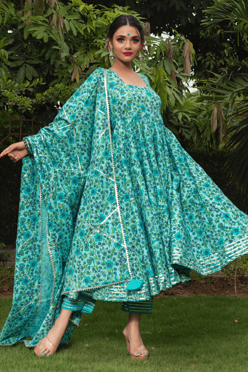 MORNI HAND BLOCK COTTON ANARKALI SET - Pomcha Jaipur