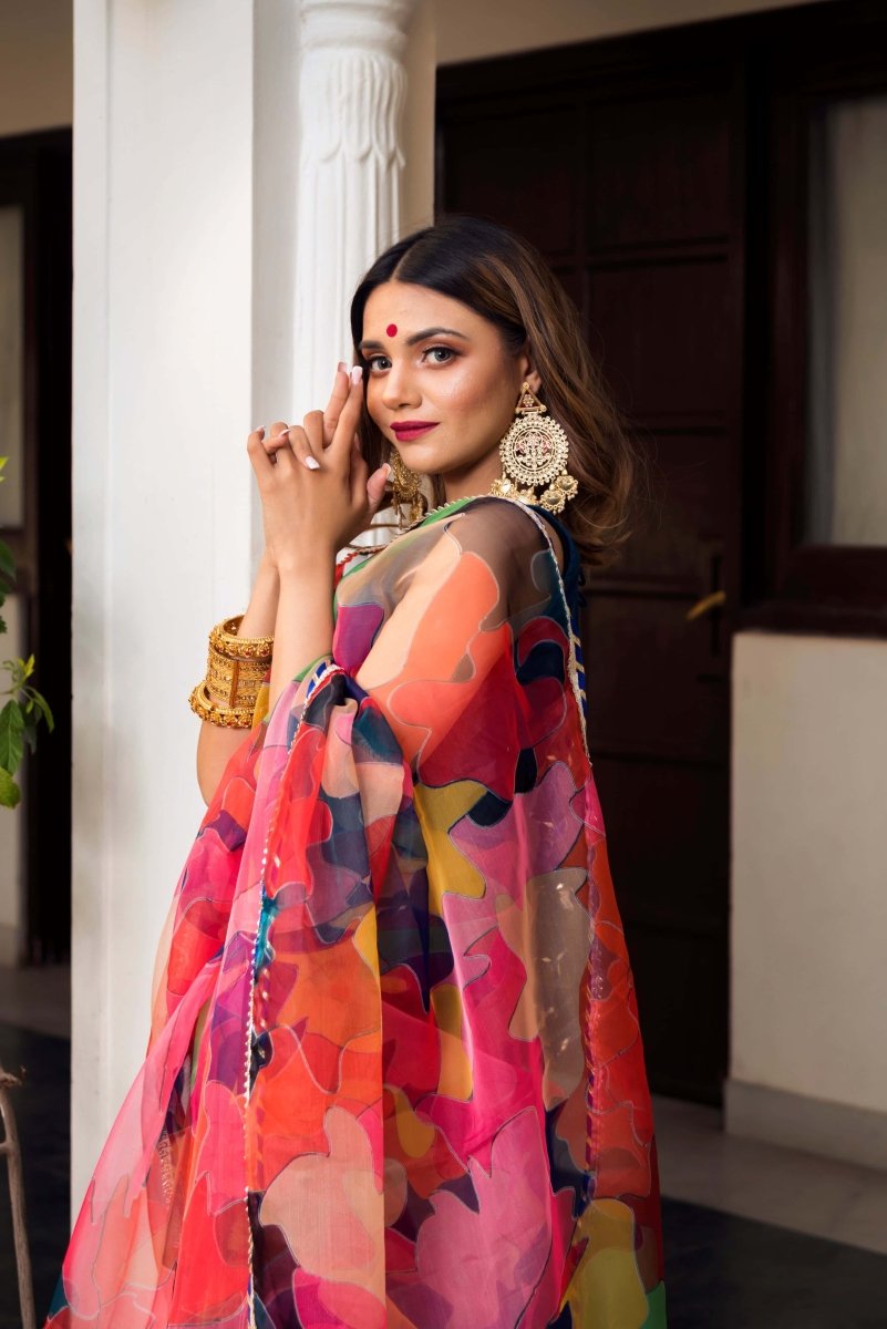Multi - Color Organza Printed Saree - Pomcha Jaipur