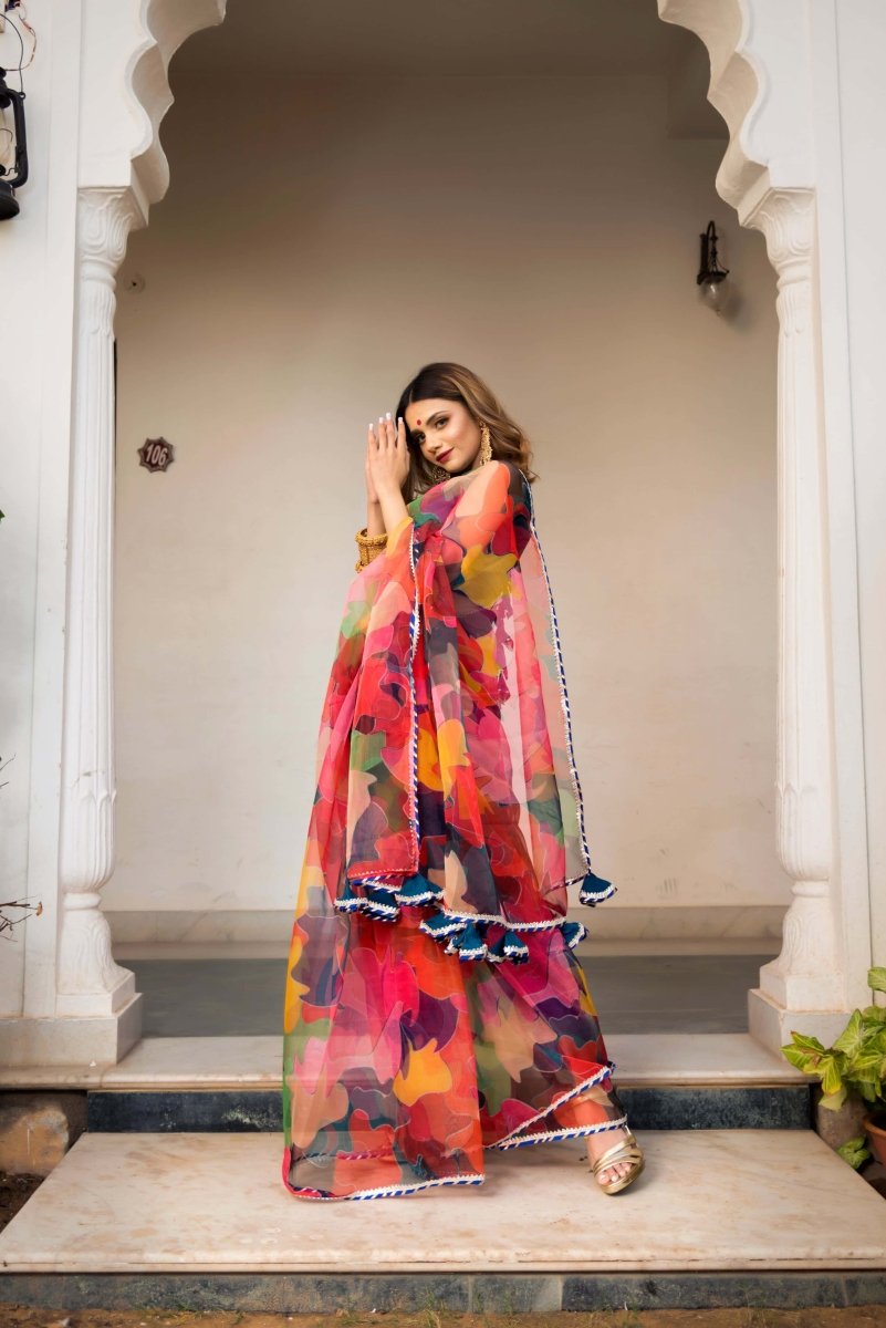 Multi - Color Organza Printed Saree - Pomcha Jaipur