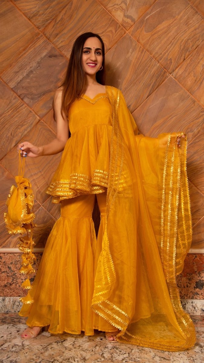 MURAT MUSTARD ORGANZA SHARARA WITH ORGANZA DUPATTA - Pomcha Jaipur