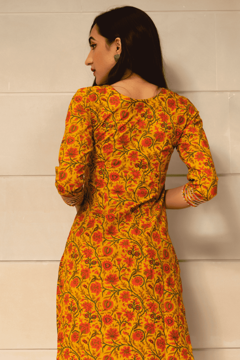 MUSTARD YELLOW COTTON HAND BLOCK PRINT KURTA PANT SET WITH COTTON DUPATTA - Pomcha Jaipur