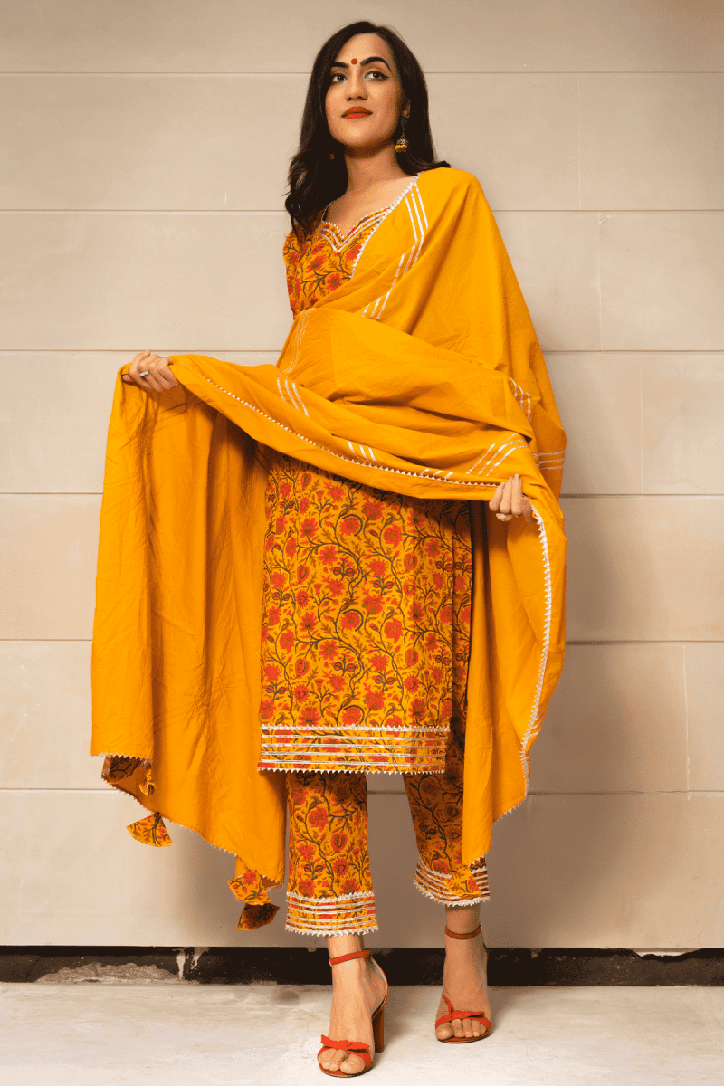 MUSTARD YELLOW COTTON HAND BLOCK PRINT KURTA PANT SET WITH COTTON DUPATTA - Pomcha Jaipur