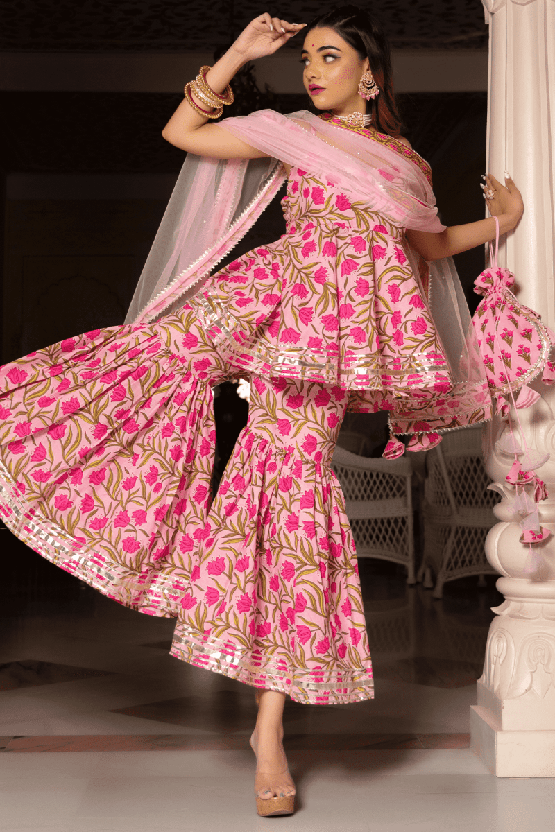 NAZAKAT PINK COTTON HAND BLOCK SHARARA SET WITH SOFT NET DUPATTA - Pomcha Jaipur