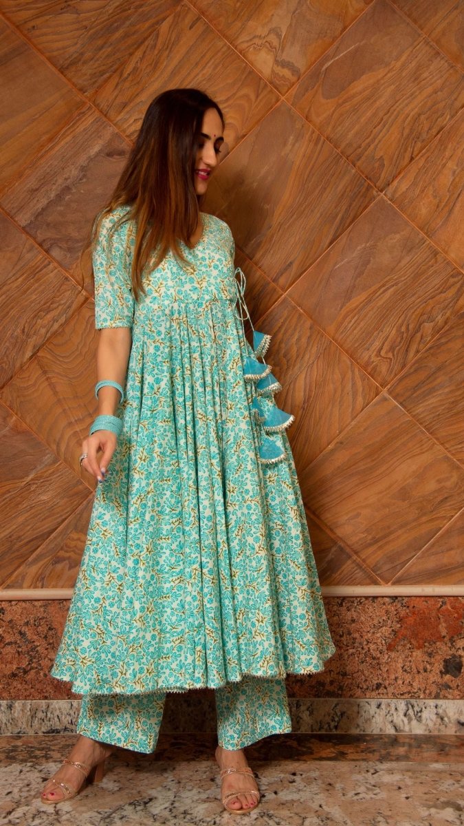 NOOR BLUE COTTON ANGRAKHA SET - Pomcha Jaipur
