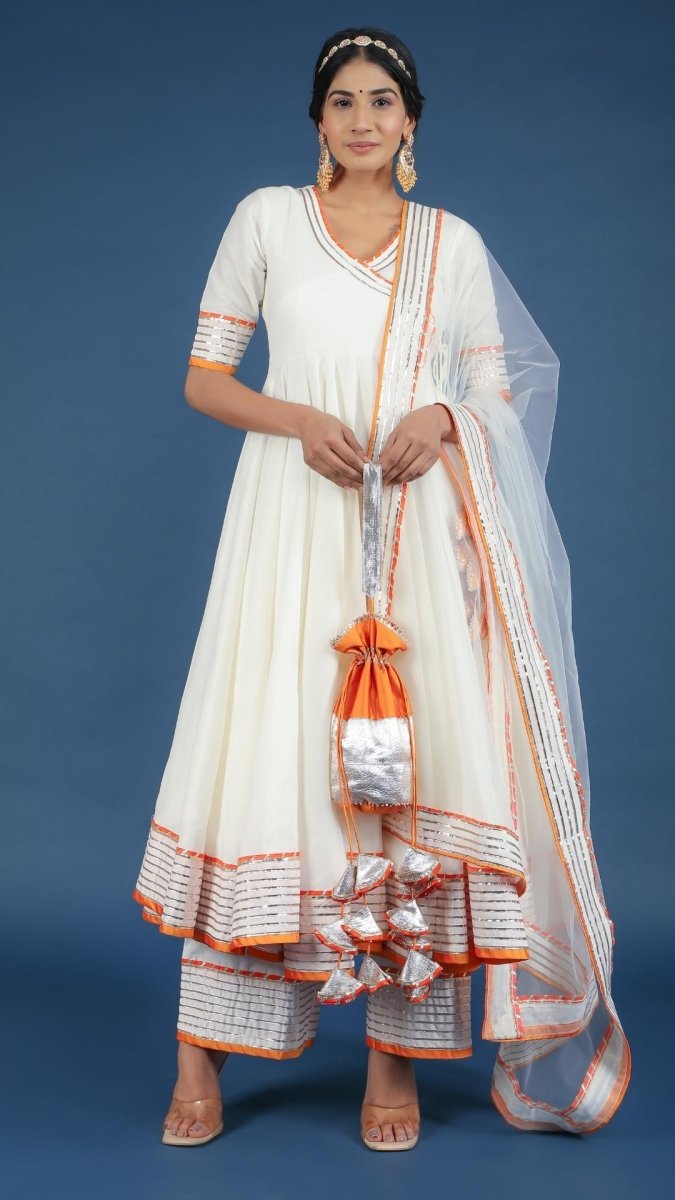 NOOR COTTON SILK OFF WHITE ANGRAKHA SET - Pomcha Jaipur