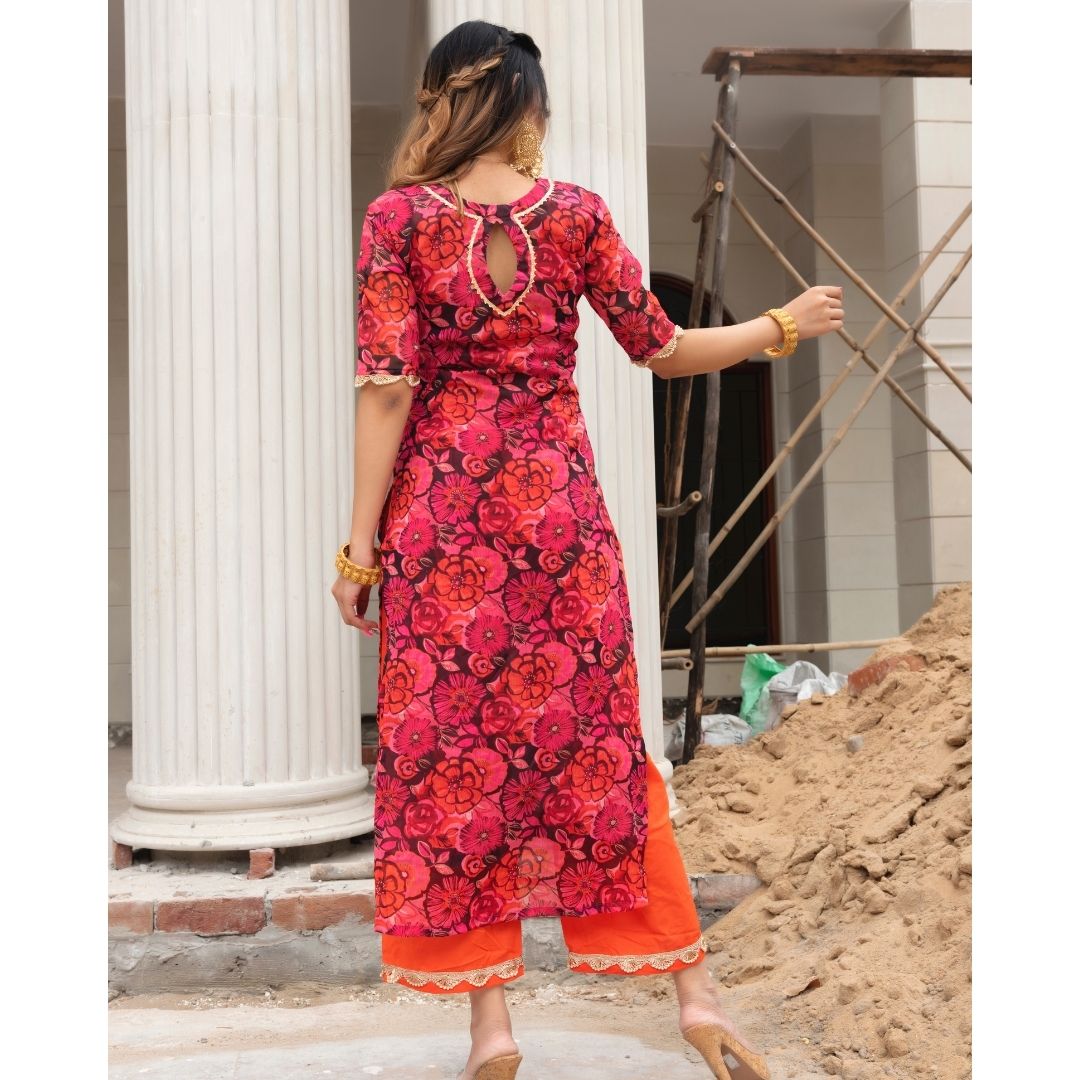 ORANGE PHOOL JAAL CHIFFON SUIT SET - Pomcha Jaipur