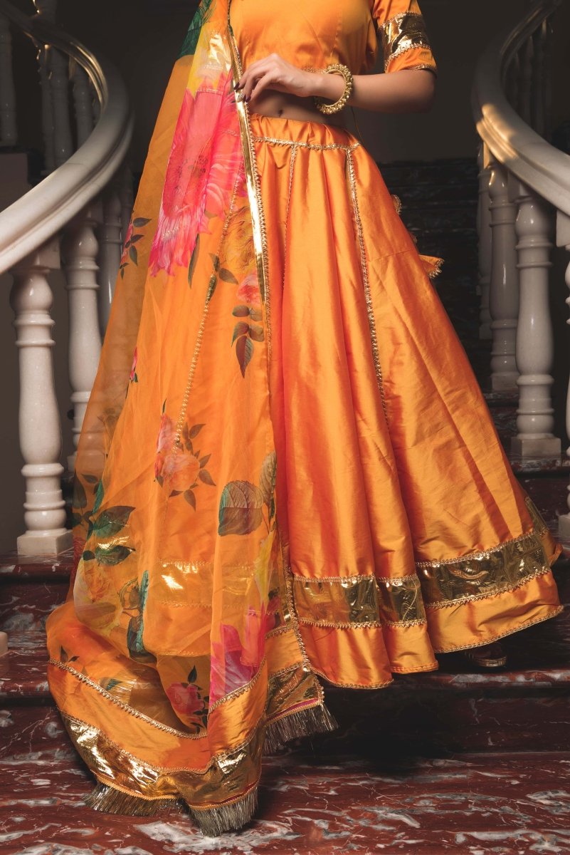 orange Taffeta Silk lappa work Lehenga with digital print organza dupatta set - Pomcha Jaipur