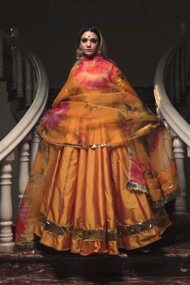 orange Taffeta Silk lappa work Lehenga with digital print organza dupatta set - Pomcha Jaipur