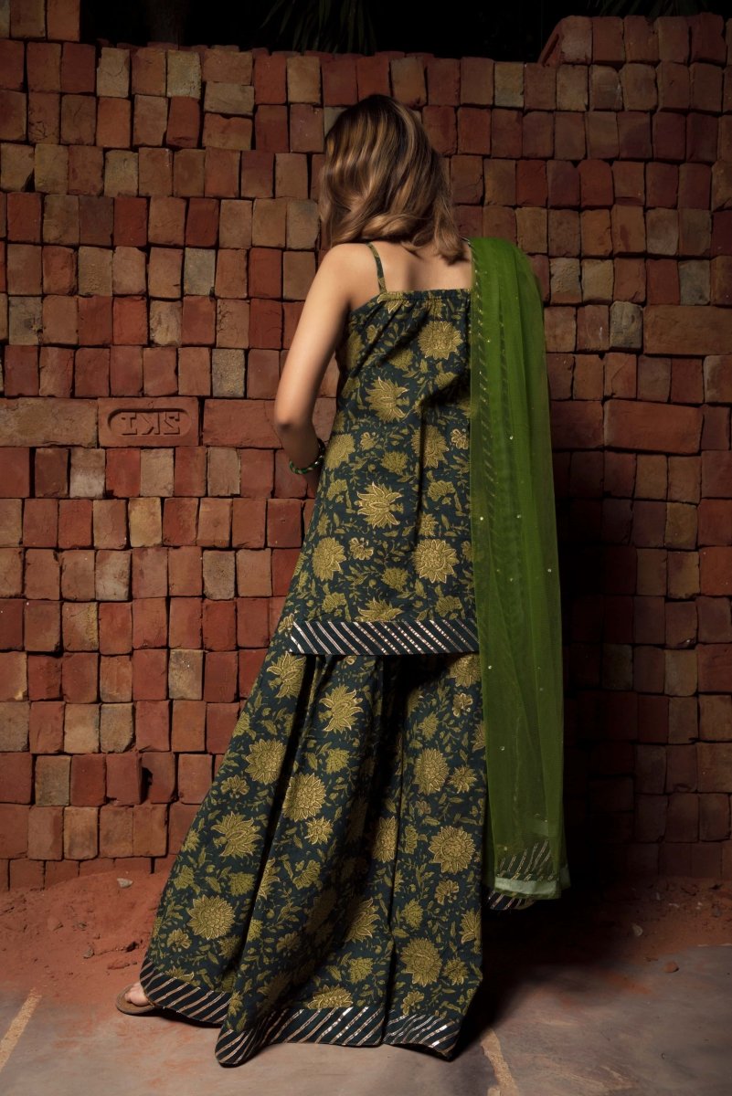 ORCHID GREEN COTTON HAND BLOCK SKIRT SET WITH SOFT NET DUPATTA - Pomcha Jaipur