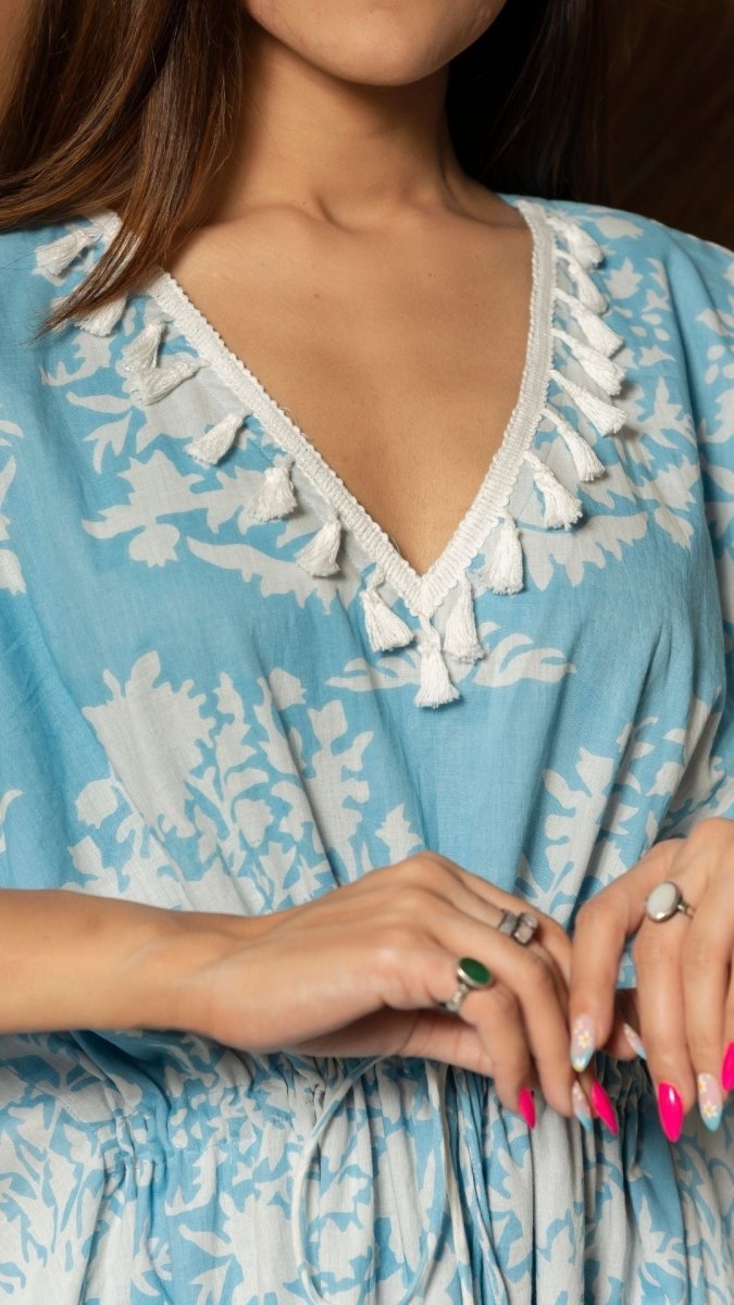 PEONY WHITE COTTON KAFTAN DRESS - Pomcha Jaipur