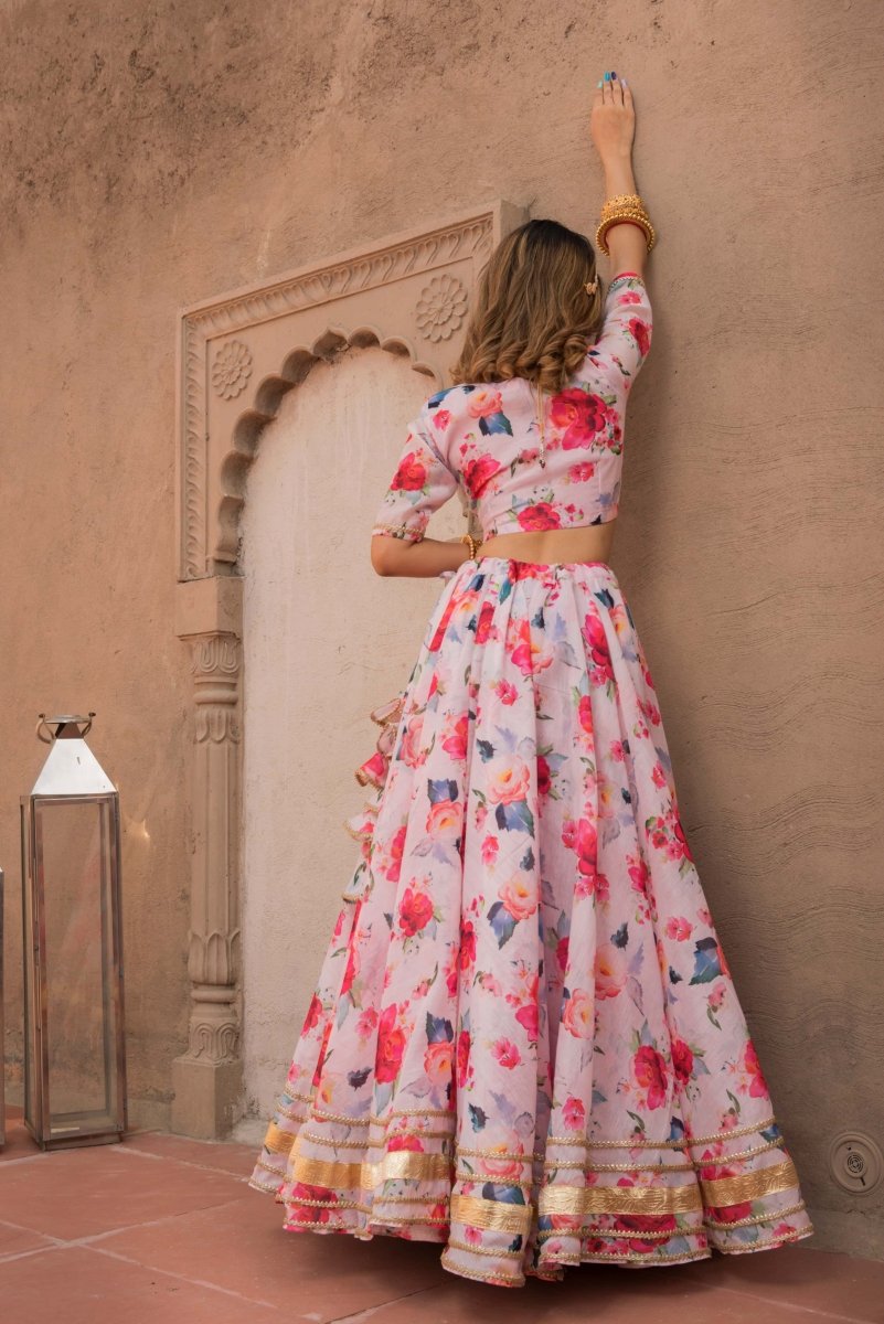PINK PEONY lace work MODAL chanderi silk LEHENGA with digital print organza dupatta SET - Pomcha Jaipur