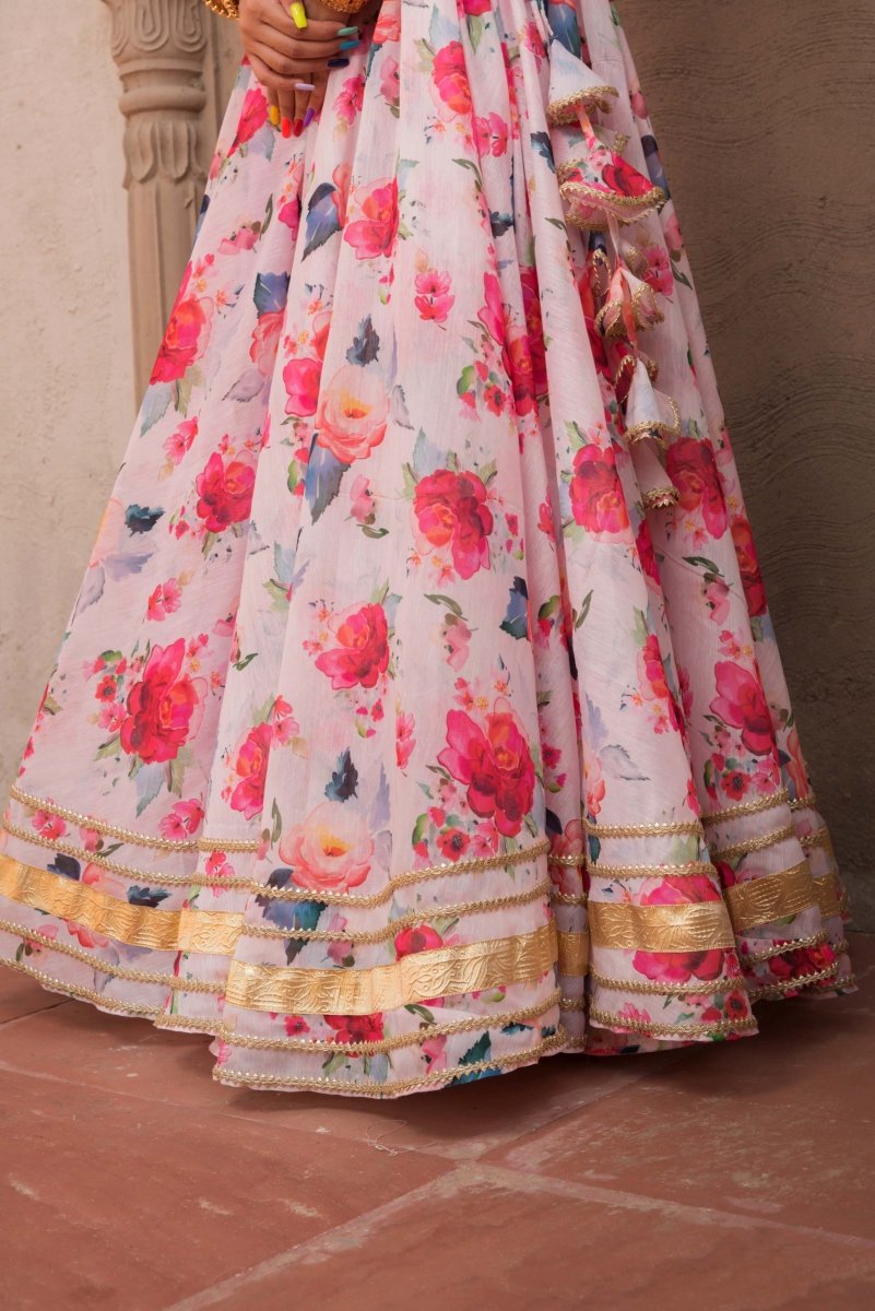 PINK PEONY lace work MODAL chanderi silk LEHENGA with digital print organza dupatta SET - Pomcha Jaipur