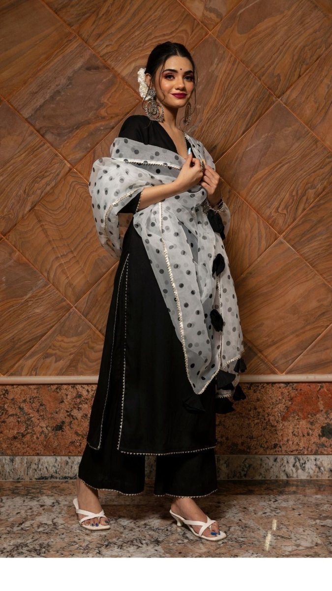 POLKA DOT BLACK RAYON KURTA SUIT SET WITH ORGANZA DUPATTA - Pomcha Jaipur