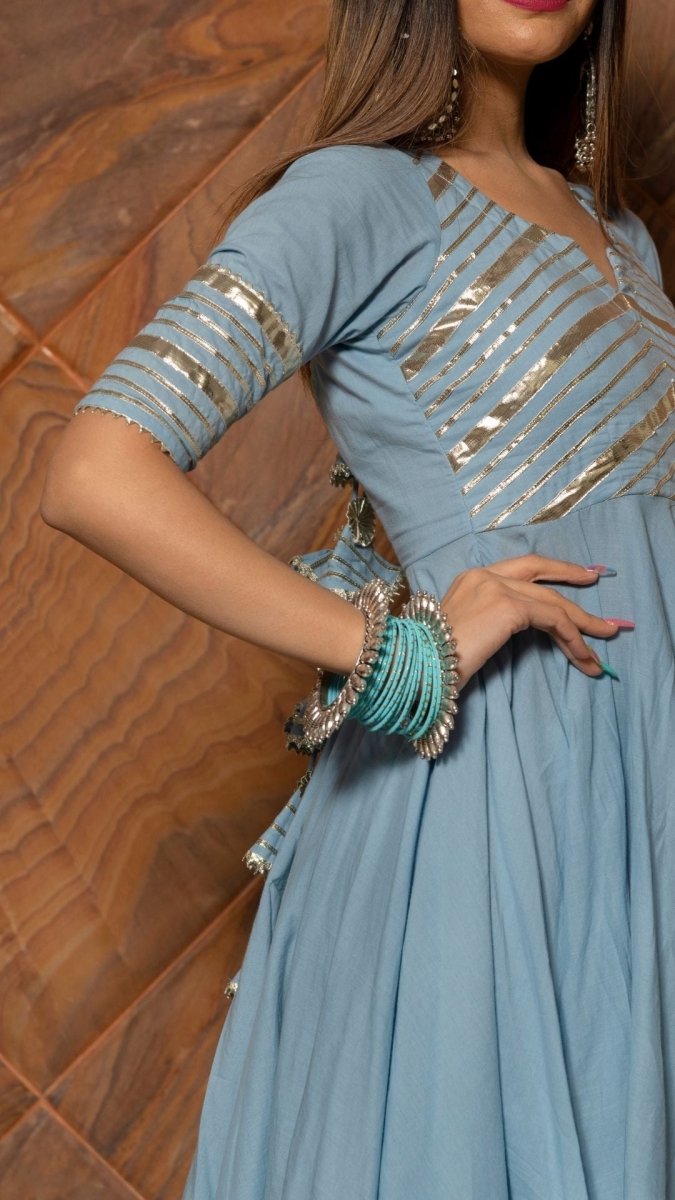 POWDER BLUE PURE COTTON ANARKALI WITH ORGANZA DUPATTA SET - Pomcha Jaipur
