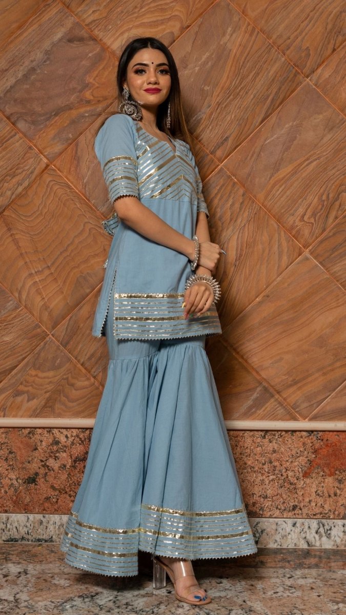 POWDER BLUE PURE COTTON SHARARA SET WITH ORGANZA DUPATTA - Pomcha Jaipur