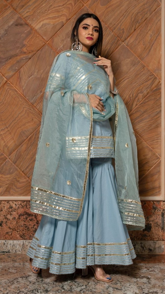 POWDER BLUE PURE COTTON SHARARA SET WITH ORGANZA DUPATTA - Pomcha Jaipur