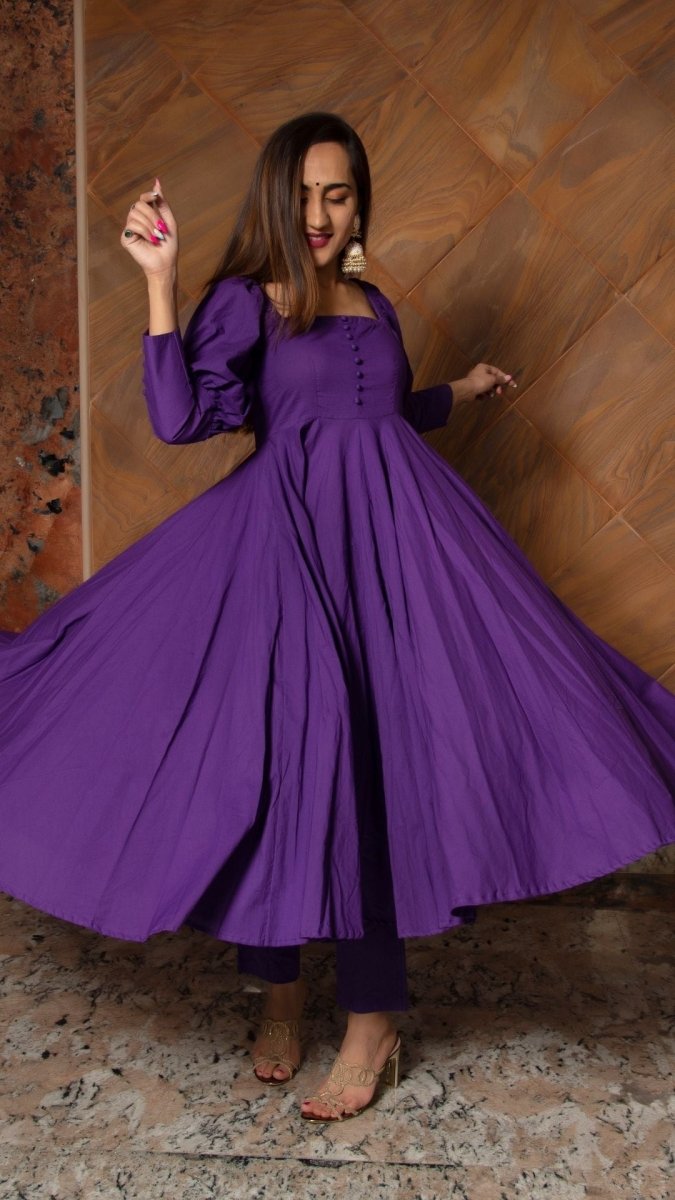 PURPLE PURE COTTON ANARKALI SET WITH ORGANZA DUPATTA - Pomcha Jaipur