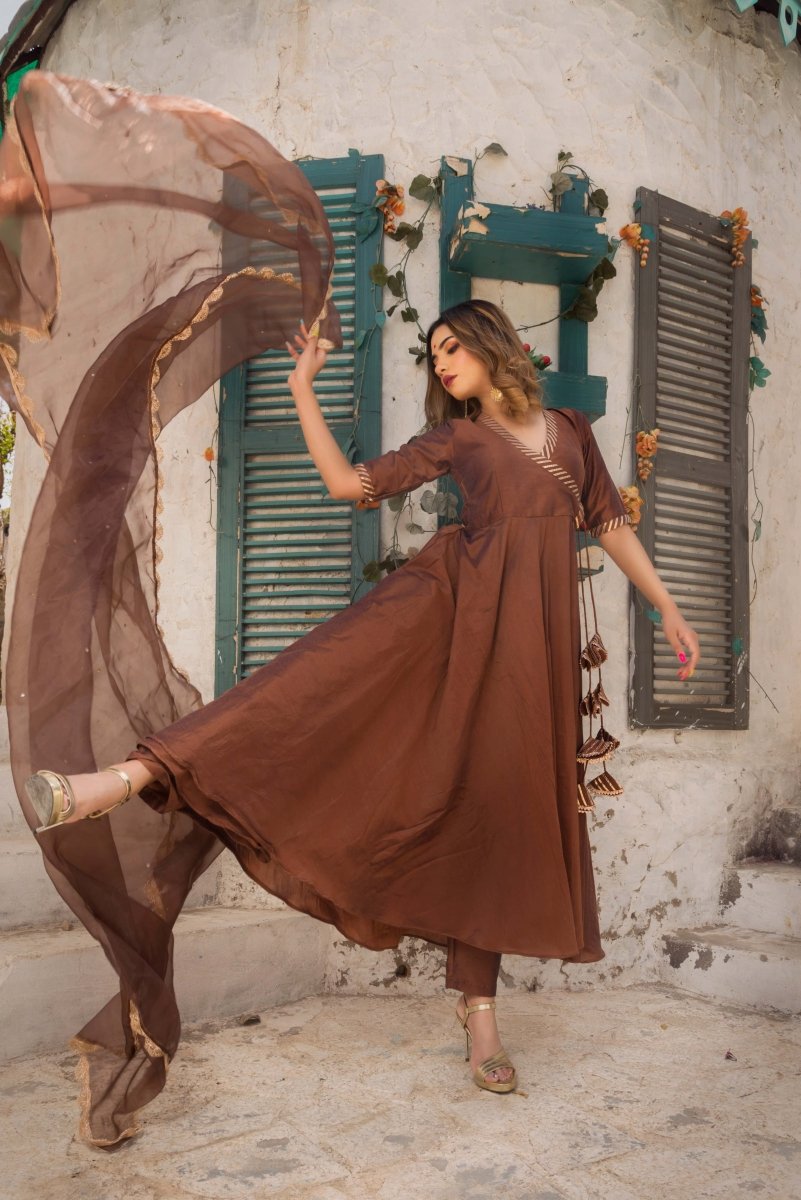 RAAT RANI BROWN COTTON SILK ANGRAKHA WITH ORGANZA DUPATTA SET - Pomcha Jaipur