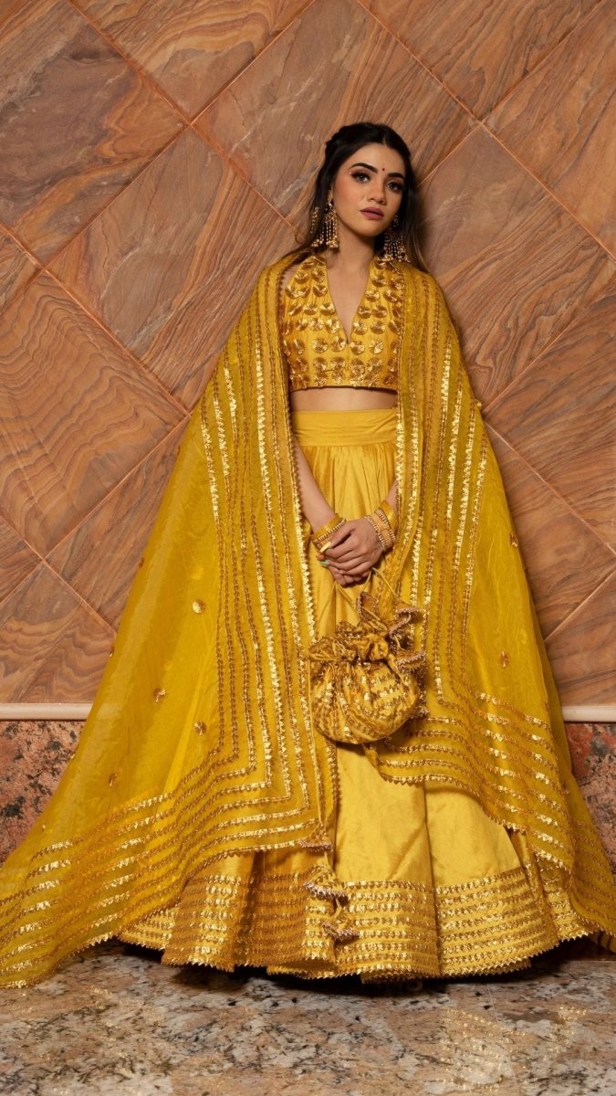 RABIA YELLOW COTTON SILK LEHENGA WITH LACE WORK AND ORGANZA DUPATTA SET - Pomcha Jaipur