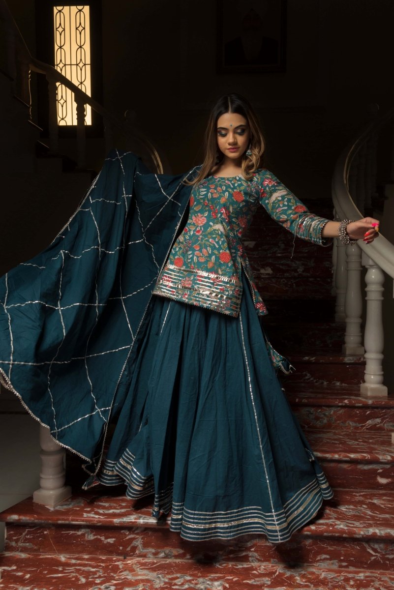 RANGKARI TULSI PURE COTTON HAND BLOCK KURTA SKIRT SET - Pomcha Jaipur