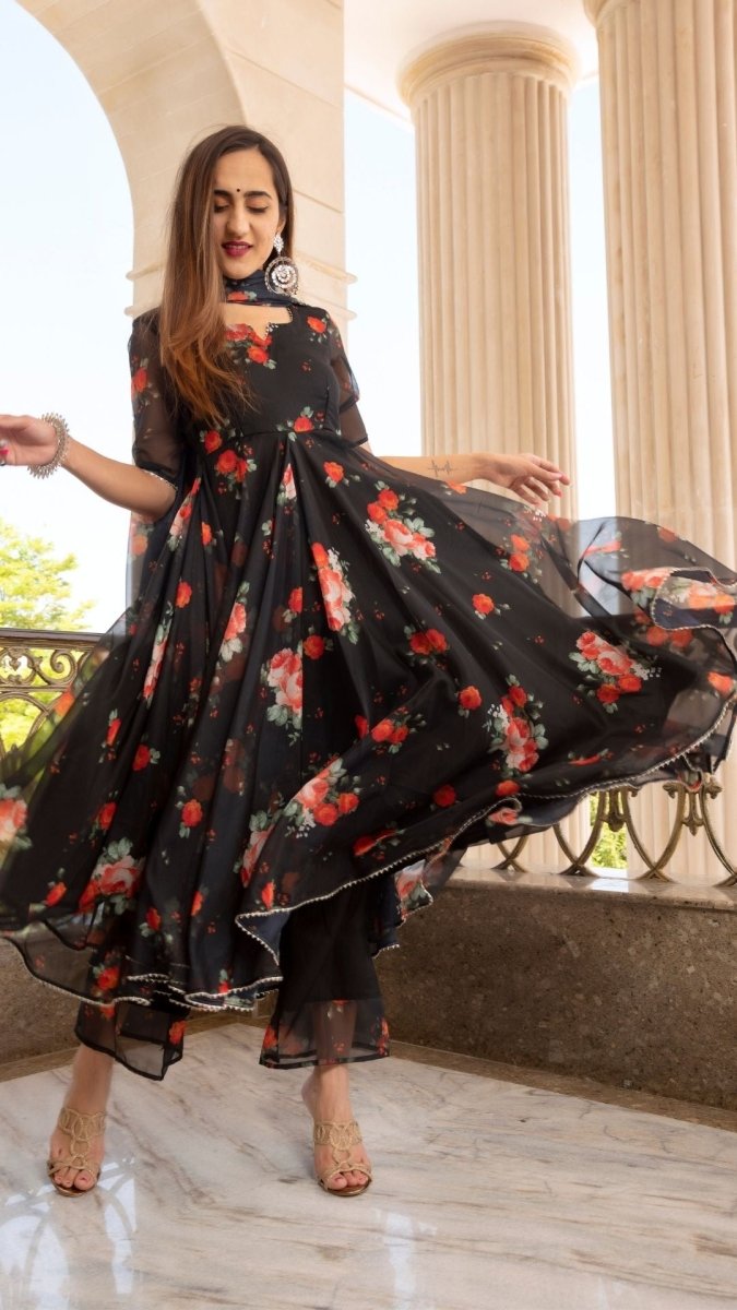 RED AND BLACK ORGANZA ANARKALI SET WITH ORGANZA DUPATTA - Pomcha Jaipur