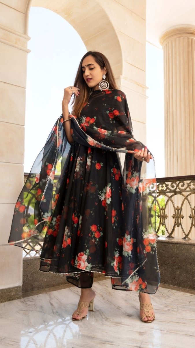 RED AND BLACK ORGANZA ANARKALI SET WITH ORGANZA DUPATTA - Pomcha Jaipur
