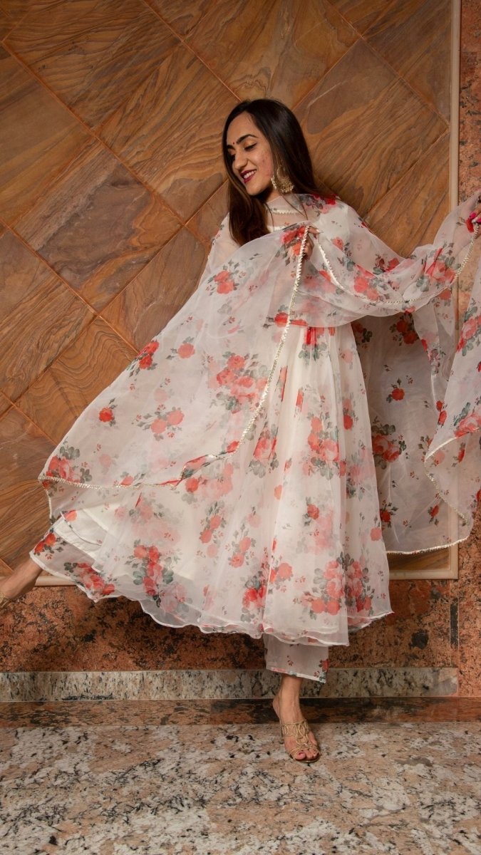 RED AND WHITE FLORAL ORGANZA ANARKALI SET - Pomcha Jaipur