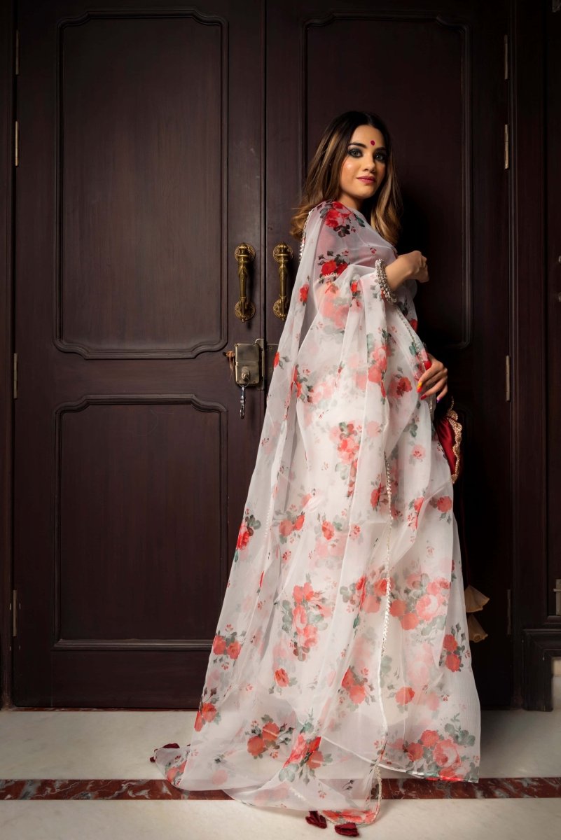 RED AND WHITE ORGANZA SAREE - Pomcha Jaipur
