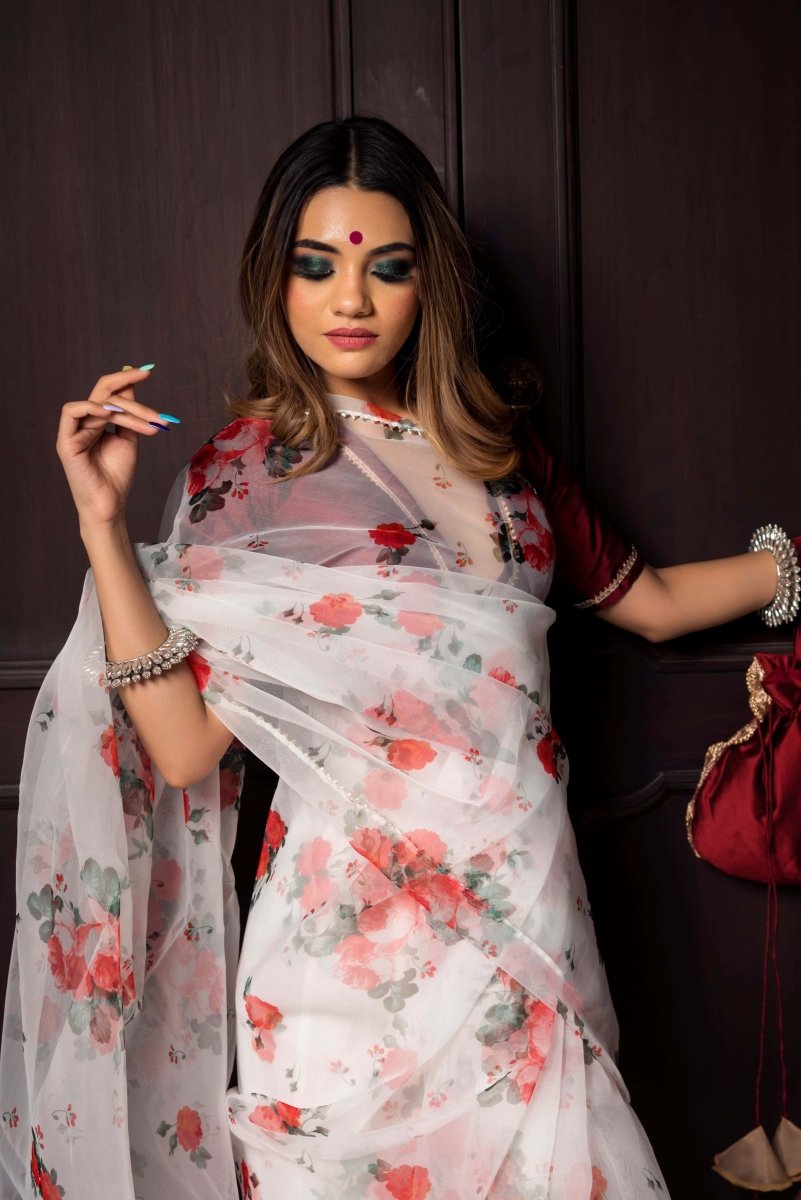 RED AND WHITE ORGANZA SAREE - Pomcha Jaipur