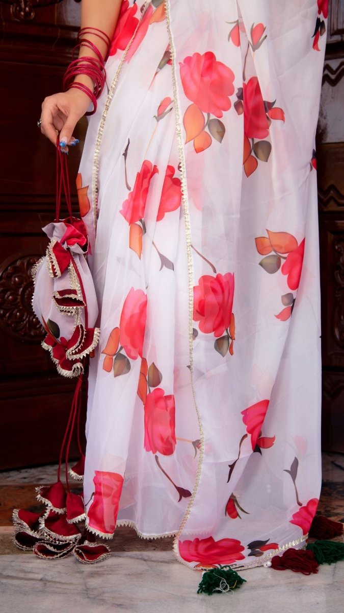 RED PHOOL ORGANZA SAREE - Pomcha Jaipur