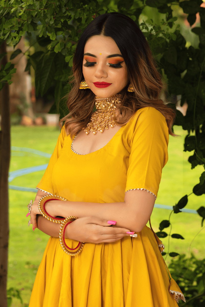 ROSEMARRY YELLOW COTTON ANARKALI SET WITH COTTON LAHARIYA DUPATTA - Pomcha Jaipur