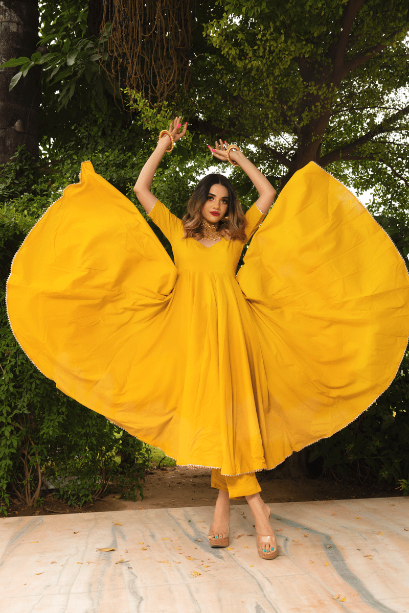 ROSEMARRY YELLOW COTTON ANARKALI SET WITH COTTON LAHARIYA DUPATTA - Pomcha Jaipur