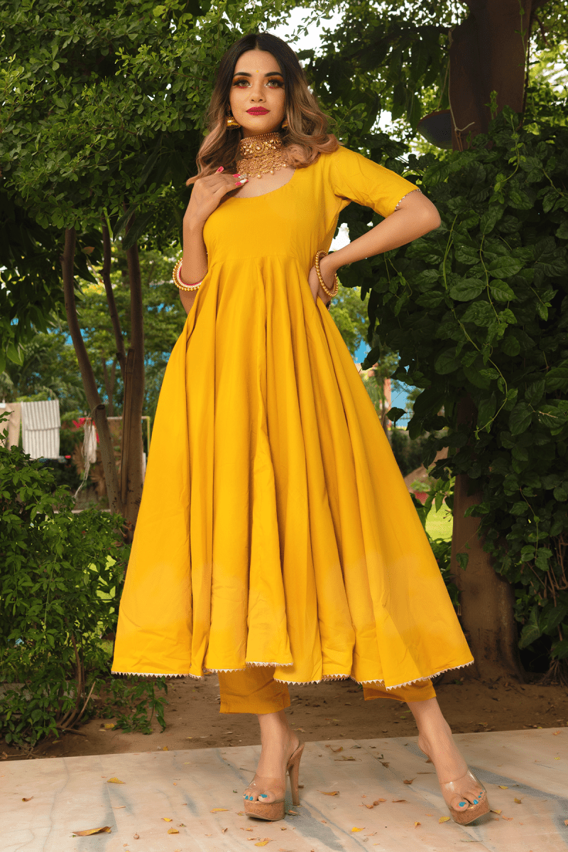 ROSEMARRY YELLOW COTTON ANARKALI SET WITH COTTON LAHARIYA DUPATTA - Pomcha Jaipur