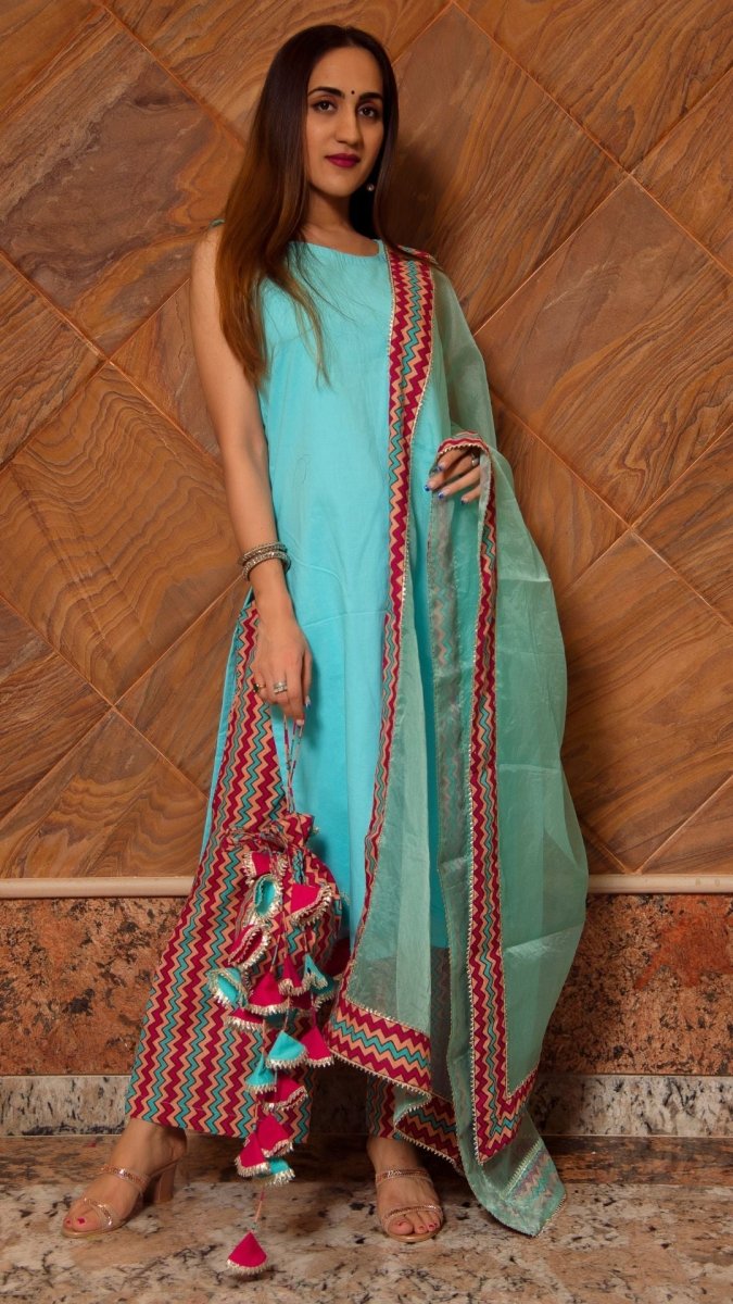 SIYA LIGHT BLUE COTTON SUIT SET - Pomcha Jaipur