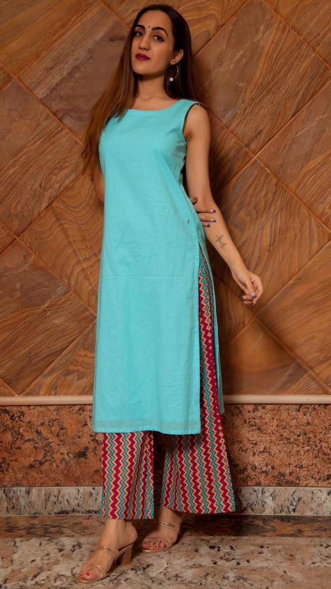 SIYA LIGHT BLUE COTTON SUIT SET - Pomcha Jaipur