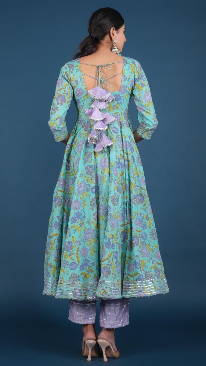 SUFIA COTTON HAND BLOCK PRINT ANARKALI SET WITH ORGANZA DUPATTA - Pomcha Jaipur