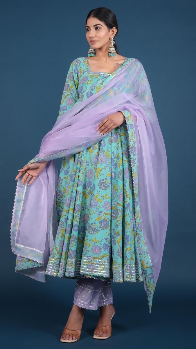 SUFIA COTTON HAND BLOCK PRINT ANARKALI SET WITH ORGANZA DUPATTA - Pomcha Jaipur