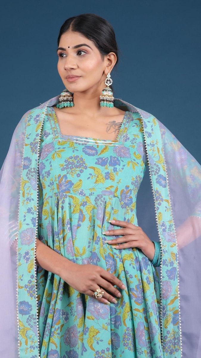SUFIA COTTON HAND BLOCK PRINT ANARKALI SET WITH ORGANZA DUPATTA - Pomcha Jaipur