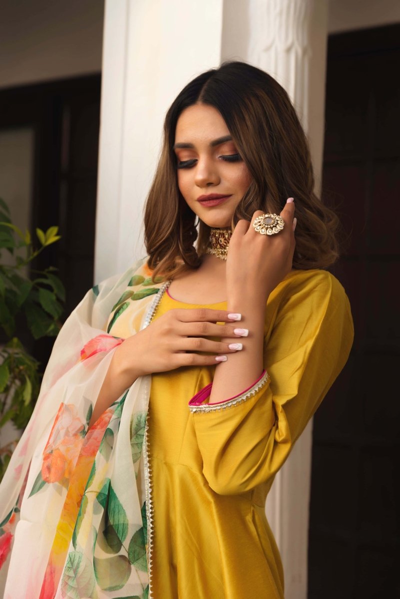 SUNFLOWER COTTON SILK YELLOW ANARKALI WITH ORGANZA DUPATTA - Pomcha Jaipur