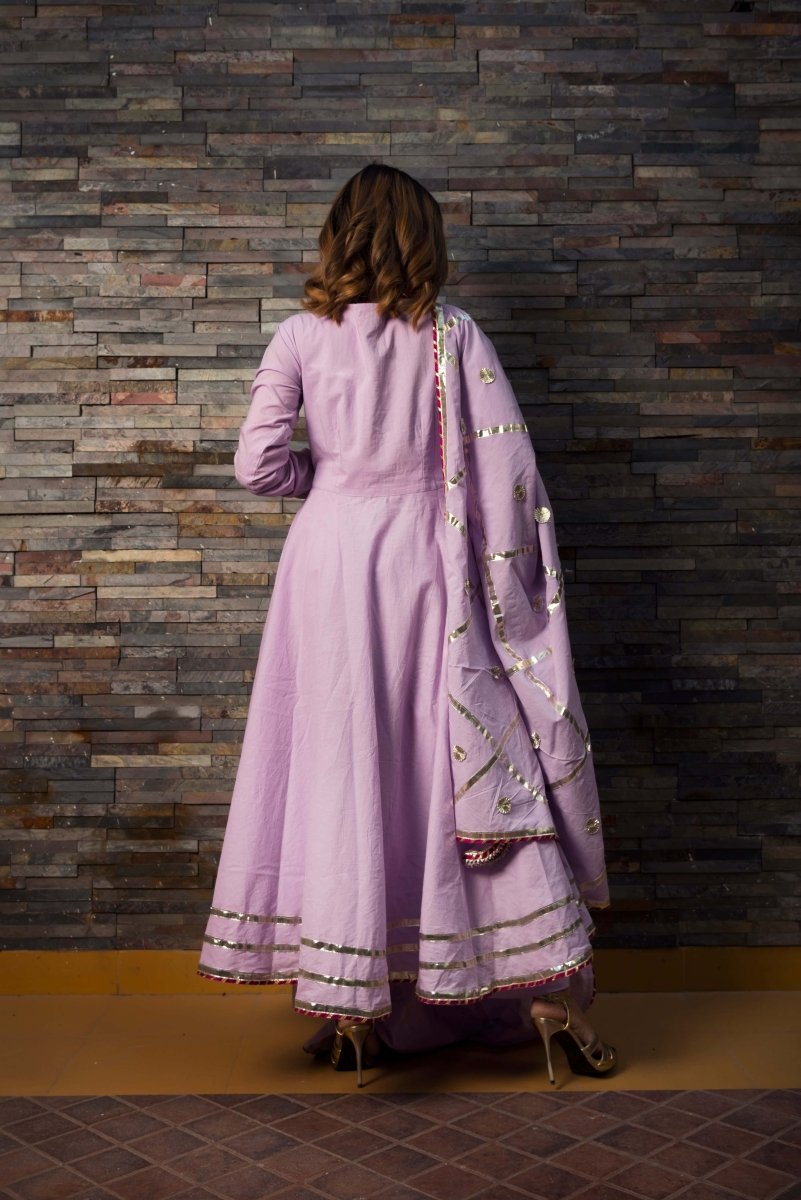 Sweet Pea Lavender Pure Cotton Anarkali Set with lace jaal work dupatta - Pomcha Jaipur
