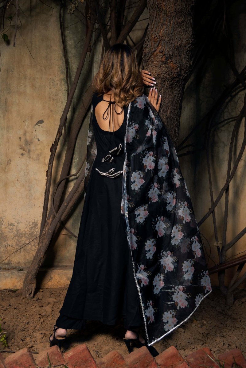 TEA LEAF BLACK RAYON ANARKALI WITH ORGANZA DUPATTA - Pomcha Jaipur