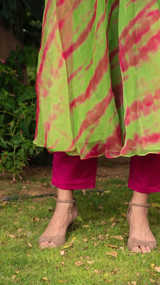 Tie and dye green organza anrkali set - Pomcha Jaipur