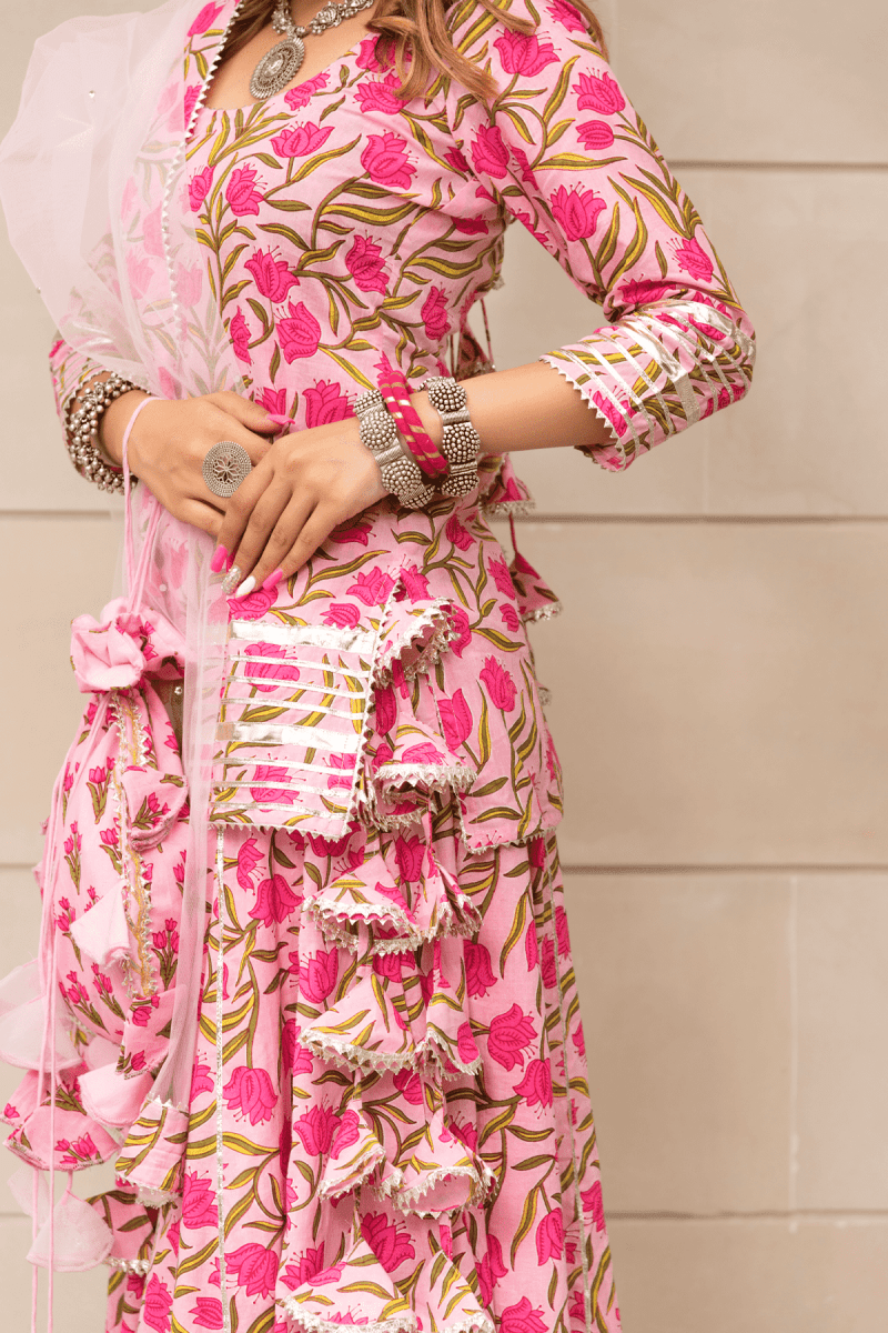 TULSI PINK COTTON HAND BLOCK SKIRT SET WITH SOFT NET DUPATTA - Pomcha Jaipur